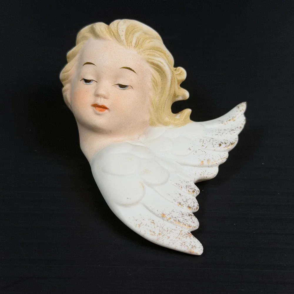 Vtg Lefton Wall Bisque Porcelain White Angel Cherub Set Gold Accent KW2342